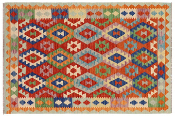 Flat Weave Kilim, Antique, Navaho, Vintage, Handmade, Geometric Kilim Rust Blue Hand-Woven Rectangle 100% Wool Area Rug 5 x 7
